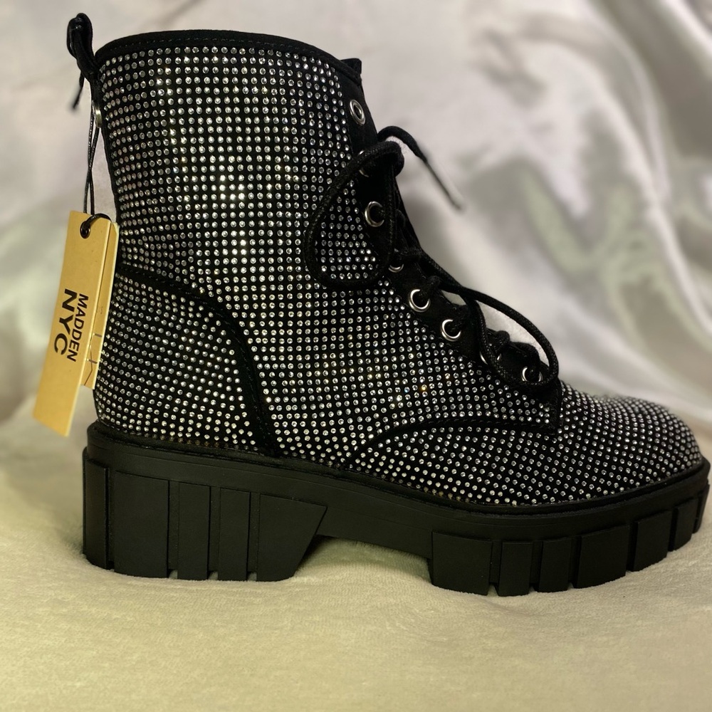 Madden NYC Women's Chunky Lug Combat Boots with Rhinestone